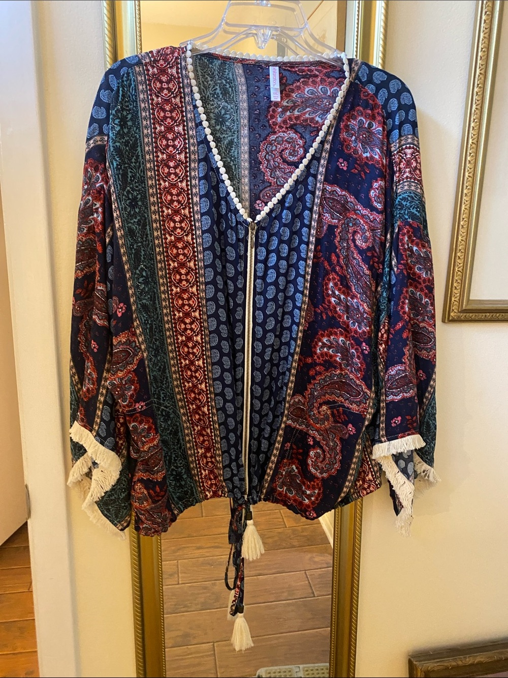 Xhilaration XXL Boho Tassel-Trim Printed Kimono jacket Top - Navy Multi
